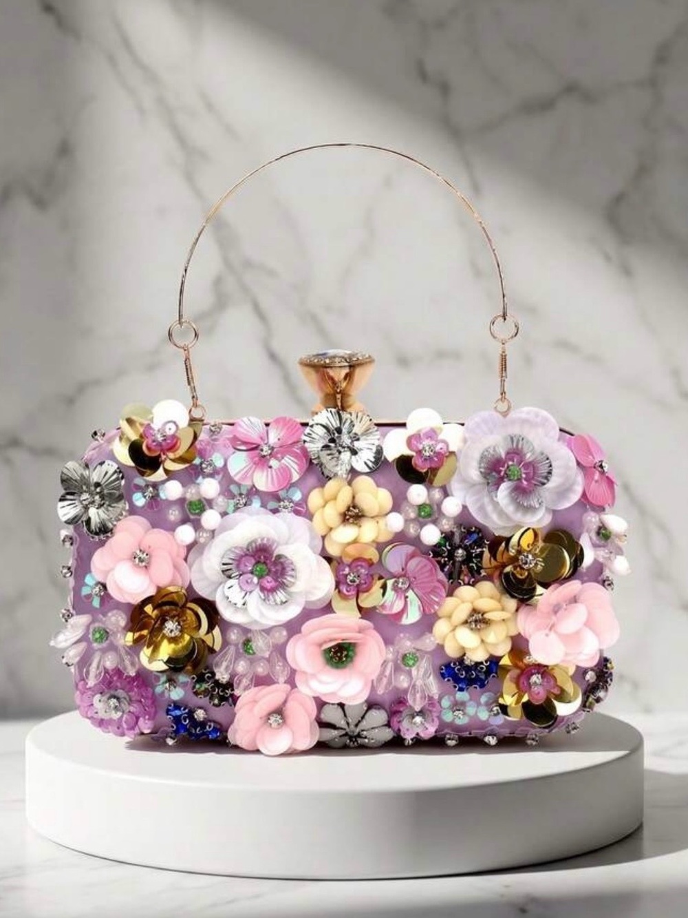 Nordstrom Ladies, Lilac Floral Embellished Evening Clutch with Gold Hardware NEW